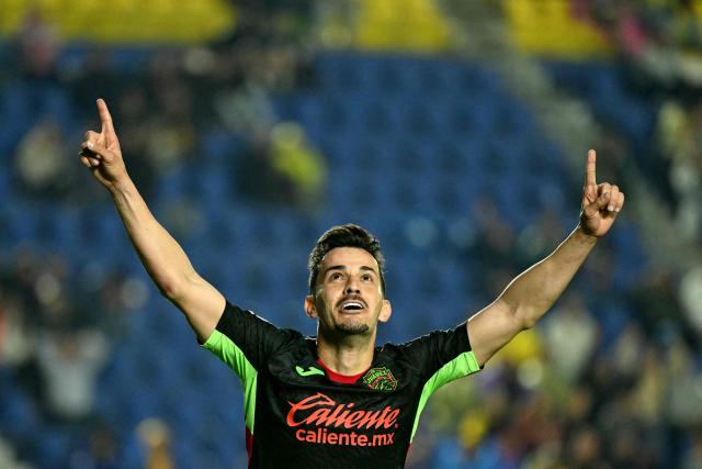 Juarez's Brazilian midfielder #08 Guilherme Castilho celebrates scoring his team's second goal during the Liga MX Clausura match between America and Juarez at Ciudad de los Deportes Stadium in Mexico City on March 4, 2026. (Photo by Yuri CORTEZ / AFP)