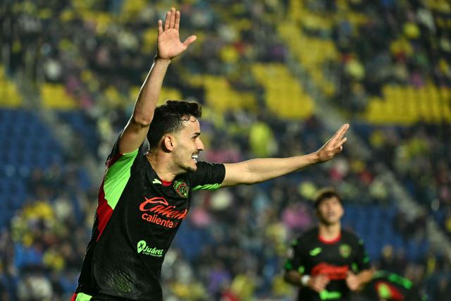 Juarez's Brazilian midfielder #08 Guilherme Castilho celebrates scoring his team's second goal during the Liga MX Clausura match between America and Juarez at Ciudad de los Deportes Stadium in Mexico City on March 4, 2026. (Photo by Yuri CORTEZ / AFP)