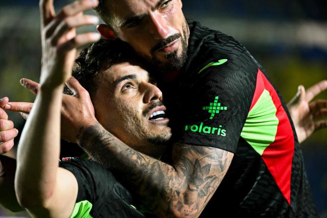 Juarez's Brazilian midfielder #08 Guilherme Castilho (L) celebrates scoring his team's second goal during the Liga MX Clausura match between America and Juarez at Ciudad de los Deportes Stadium in Mexico City on March 4, 2026. (Photo by Yuri CORTEZ / AFP)