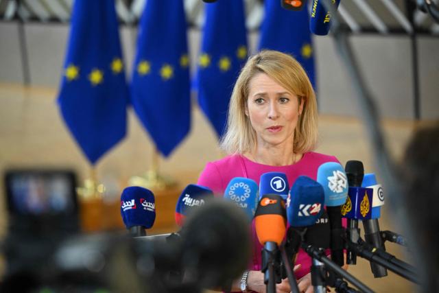EU High Representative and Vice-President for Foreign Affairs and Security Policy Kaja Kallas speaks to journalists prior to an informal video conference of Foreign Affairs ministers at the European Council in Brussels on March 5, 2026. (Photo by Nicolas TUCAT / AFP)