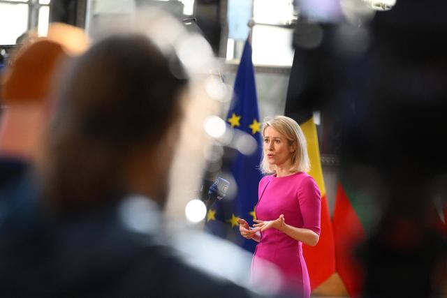 EU High Representative and Vice-President for Foreign Affairs and Security Policy Kaja Kallas speaks to journalists prior to an informal video conference of Foreign Affairs ministers at the European Council in Brussels on March 5, 2026. (Photo by Nicolas TUCAT / AFP)