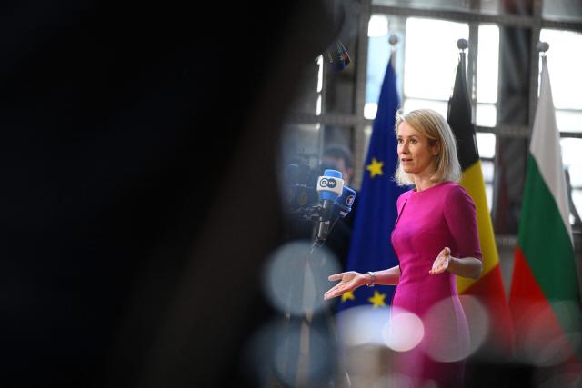 EU High Representative and Vice-President for Foreign Affairs and Security Policy Kaja Kallas speaks to journalists prior to an informal video conference of Foreign Affairs ministers at the European Council in Brussels on March 5, 2026. (Photo by Nicolas TUCAT / AFP)