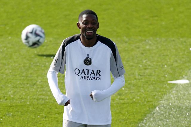 Paris Saint-Germain's French forward #10 Ousmane Dembele reacts during a training session in Poissy, west of Paris, on March 5, 2026 on the eve of the L1 football match against Monaco. (Photo by FRANCK FIFE / AFP)