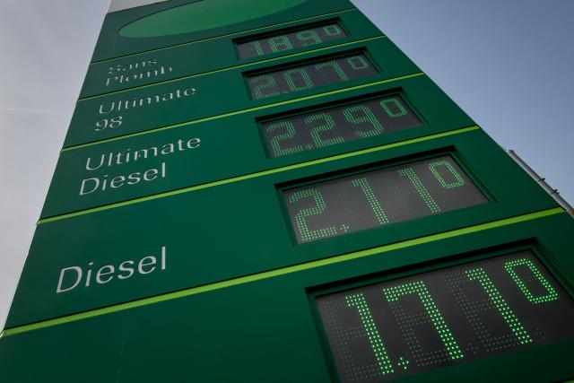 This photograph shows the prices per litre of petrol, diesel and gas fuels at a BP petrol station, in Lausanne on March 5, 2026. The conflict between the United States and Iran that began on February 28, 2026, has effectively closed shipping through the Strait of Hormuz. A fifth of the world's seaborne crude oil travels through the waterway as well as considerable volumes of liquefied natural gas (LNG). (Photo by Fabrice COFFRINI / AFP)