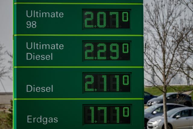 This photograph shows the prices per litre of petrol, diesel and gas fuels at a BP petrol station, in Lausanne on March 5, 2026. The conflict between the United States and Iran that began on February 28, 2026, has effectively closed shipping through the Strait of Hormuz. A fifth of the world's seaborne crude oil travels through the waterway as well as considerable volumes of liquefied natural gas (LNG). (Photo by Fabrice COFFRINI / AFP)
