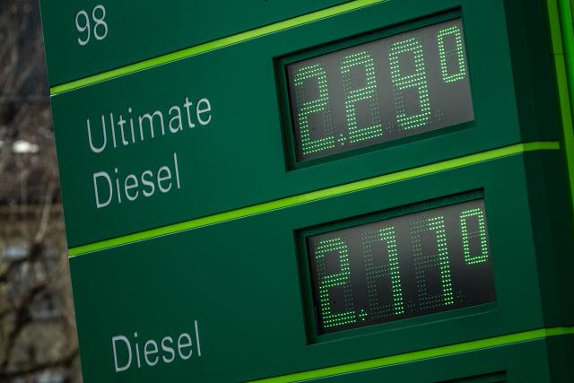 This photograph shows the prices per litre of petrol, diesel and gas fuels at a BP petrol station, in Lausanne on March 5, 2026. The conflict between the United States and Iran that began on February 28, 2026, has effectively closed shipping through the Strait of Hormuz. A fifth of the world's seaborne crude oil travels through the waterway as well as considerable volumes of liquefied natural gas (LNG). (Photo by Fabrice COFFRINI / AFP)