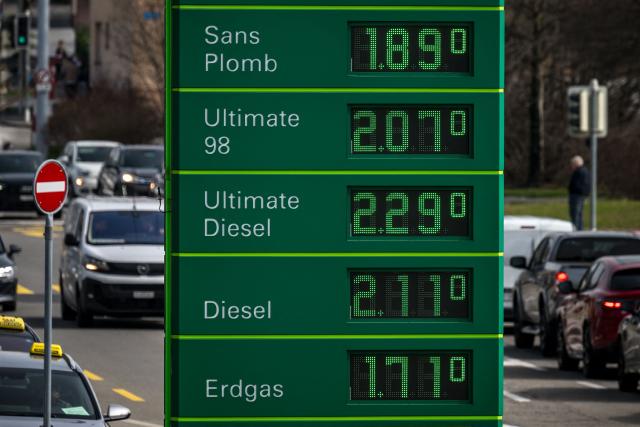 This photograph shows the prices per litre of petrol, diesel and gas fuels at a BP petrol station, in Lausanne on March 5, 2026. The conflict between the United States and Iran that began on February 28, 2026, has effectively closed shipping through the Strait of Hormuz. A fifth of the world's seaborne crude oil travels through the waterway as well as considerable volumes of liquefied natural gas (LNG). (Photo by Fabrice COFFRINI / AFP)