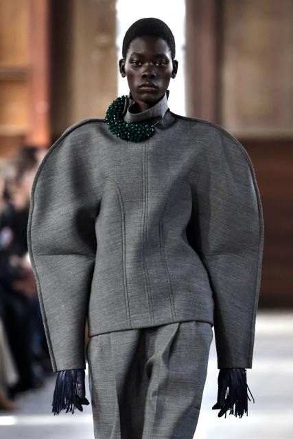 A model presents a creation by Carven for the Women's Ready to Wear Fall/Winter 2026-2027 collection fashion show as part of the Paris Women Fashion Week, in Paris, on March 5, 2026. (Photo by STEPHANE DE SAKUTIN / AFP)