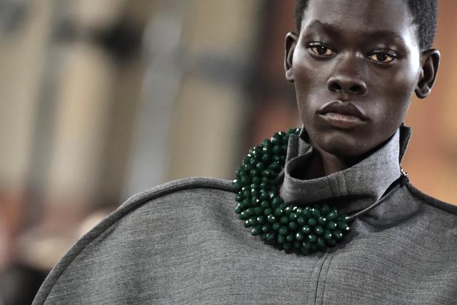 A model presents a creation by Carven for the Women's Ready to Wear Fall/Winter 2026-2027 collection fashion show as part of the Paris Women Fashion Week, in Paris, on March 5, 2026. (Photo by STEPHANE DE SAKUTIN / AFP)