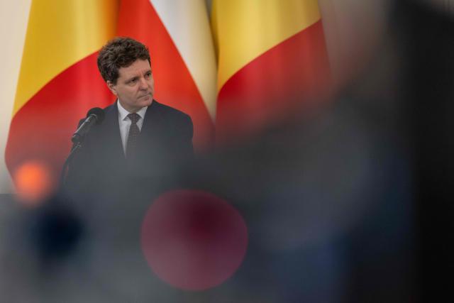 Romania's President Nicusor Dan speaks during a joint press conference with Poland's President after their meeting at the Presidential Palace in Warsaw on March 5, 2026. (Photo by Wojtek RADWANSKI / AFP)