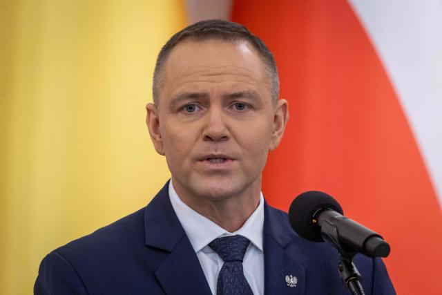 Poland's President Karol Nawrocki speaks during a joint press conference with Romania's President after their meeting at the Presidential Palace in Warsaw on March 5, 2026. (Photo by Wojtek RADWANSKI / AFP)