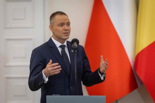 Poland's President Karol Nawrocki speaks during a joint press conference with Romania's President after their meeting at the Presidential Palace in Warsaw on March 5, 2026. (Photo by Wojtek RADWANSKI / AFP)