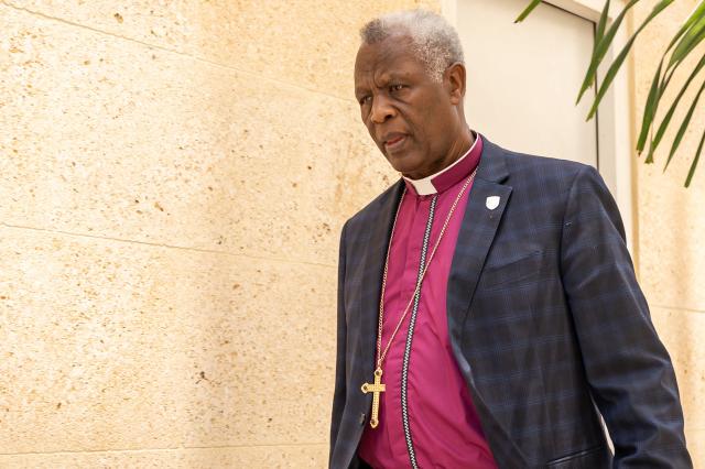 Rwandan Bishop Laurent Mbanda, newly elected leader of the Global Anglican Council, looks on in Abuja on March 5, 2026. Members of GAFCON (Global Anglican Future Conference), a conservative wing of the Anglican Church, announced the creation of a Global Anglican Council on March 5, 2026 in Abuja, in response to the appointment of British national Sarah Mullally as the first female Archbishop of Canterbury. (Photo by Light Oriye Tamunotonye / AFP)