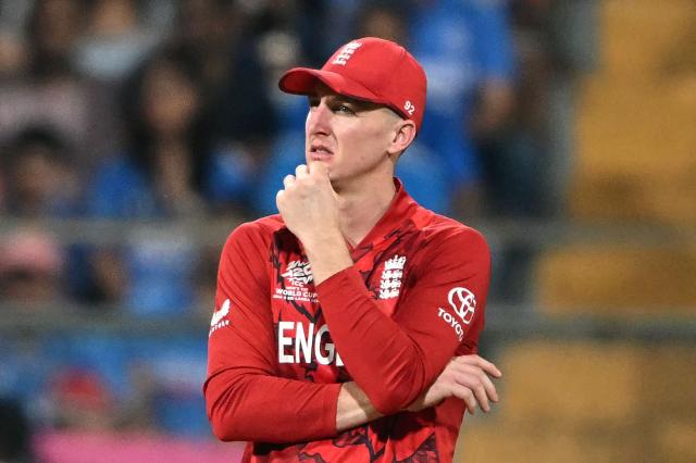 England's captain Harry Brook looks on during the 2026 ICC Men's T20 Cricket World Cup semi-final match between India and England at the Wankhede Stadium in Mumbai on March 5, 2026. (Photo by Indranil MUKHERJEE / AFP)