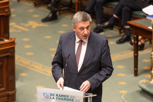 Belgium's Vice-Prime Minister and Minister of Finance, Combating Tax Fraud, Pensions, National Lottery and Cultural Institutions Jan Jambon speaks during a plenary session of the Chamber at the Federal Parliament in Brussels on March 5, 2026. (Photo by JAMES ARTHUR GEKIERE / Belga / AFP) / Belgium OUT