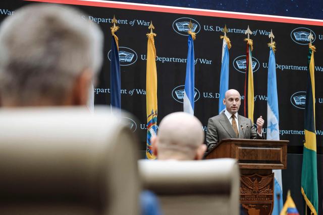 White House Deputy Chief of Staff for Policy Stephen Miller speaks during the inaugural Americas Counter Cartel Conference at the US Southern Command (SOUTHCOM) headquarters in Doral, Florida, on March 5, 2026. Defense and security leaders from across the Caribbean, Central America and South America gathered for the conference to strengthen regional cooperation in combating transnational criminal organizations and narcotics trafficking in the Western Hemisphere. (Photo by Eva Marie UZCATEGUI / AFP)