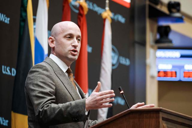 White House Deputy Chief of Staff for Policy Stephen Miller speaks during the inaugural Americas Counter Cartel Conference at the US Southern Command (SOUTHCOM) headquarters in Doral, Florida, on March 5, 2026. Defense and security leaders from across the Caribbean, Central America and South America gathered for the conference to strengthen regional cooperation in combating transnational criminal organizations and narcotics trafficking in the Western Hemisphere. (Photo by Eva Marie UZCATEGUI / AFP)