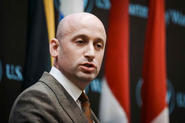 White House Deputy Chief of Staff for Policy Stephen Miller speaks during the inaugural Americas Counter Cartel Conference at the US Southern Command (SOUTHCOM) headquarters in Doral, Florida, on March 5, 2026. Defense and security leaders from across the Caribbean, Central America and South America gathered for the conference to strengthen regional cooperation in combating transnational criminal organizations and narcotics trafficking in the Western Hemisphere. (Photo by Eva Marie UZCATEGUI / AFP)