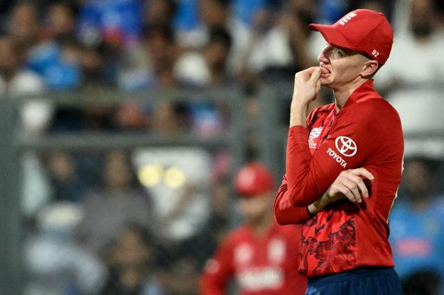 England's captain Harry Brook looks on during the 2026 ICC Men's T20 Cricket World Cup semi-final match between India and England at the Wankhede Stadium in Mumbai on March 5, 2026. (Photo by Indranil MUKHERJEE / AFP)