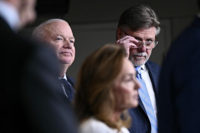 Chairman of the House Intelligence Committee US Representative Rick Crawford (R), Republican from Arkansas, look on during a news conference with House Republicans to discuss an upcoming House vote on funding for the US Department of Homeland Security, on Capitol Hill in Washington, DC, on March 5, 2026. (Photo by Brendan SMIALOWSKI / AFP)