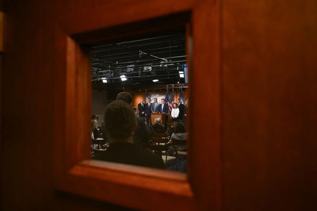 Chairman of the House Intelligence Committee US Representative Rick Crawford (C), Republican from Arkansas, speaks during a news conference with House Republicans to discuss an upcoming House vote on funding for the US Department of Homeland Security, on Capitol Hill in Washington, DC, on March 5, 2026. (Photo by Brendan SMIALOWSKI / AFP)