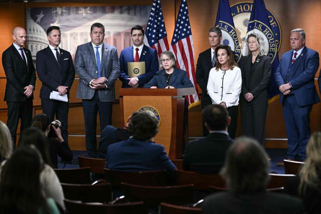 US Representative Mariannette Miller-Meeks (C), Republican from Iowa, speaks during a news conference with House Republicans to discuss an upcoming House vote on funding for the US Department of Homeland Security, on Capitol Hill in Washington, DC, on March 5, 2026. (Photo by Brendan SMIALOWSKI / AFP)