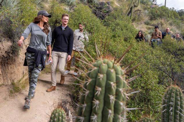 (FILES) US Homeland Security Secretary Kristi Noem (L) walks on a road in Rio Clarillo National Park in Pirque, Chile on July 29, 2025. US President Donald Trump on March 5, 2026 fired Kristi Noem as head of the Department of Homeland Security, the agency responsible for carrying out his sweeping immigration crackdown. According to multiple media reports, Trump was upset with Noem's testimony at a Senate hearing this week where she said the president had approved a $220 million DHS advertising campaign in which she featured prominently. (Photo by Alex Brandon / POOL / AFP)