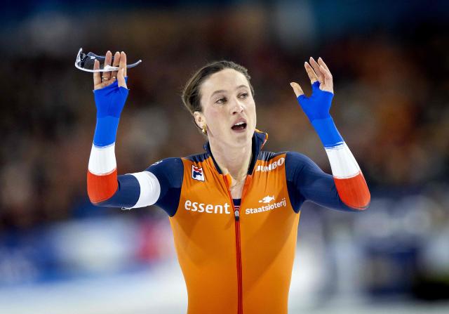 Netherlands' Suzanne Schulting reacts after the women's 1000m sprint event during the 2026 ISU Speed Skating Allround and Sprint World Championships at the Thialf ice arena in Heerenveen, on March 5, 2026. (Photo by Sem van der Wal / ANP / AFP) / Netherlands OUT