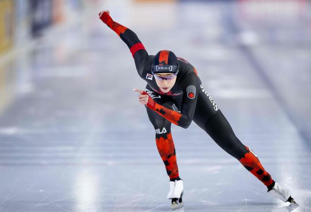 Canada's Beatrice Lamarche competes in the women's 1000m sprint event during the 2026 ISU Speed Skating Allround and Sprint World Championships at the Thialf ice arena in Heerenveen, on March 5, 2026. (Photo by Sem van der Wal / ANP / AFP) / Netherlands OUT