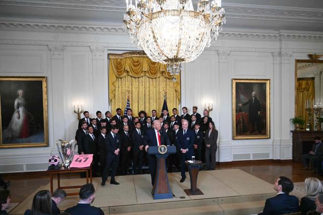 US President Donald Trump speaks during an event for Inter Miami CF, winners of the 2025 Major League Soccer Cup, in the East Room of the White House in Washington, DC, on March 5, 2026. (Photo by ANDREW CABALLERO-REYNOLDS / AFP)