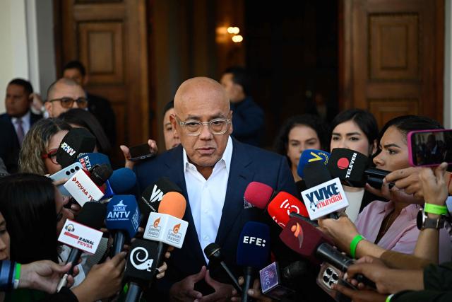 Venezuela's National Assembly President Jorge Rodriguez speaks during a press conference before an ordinary session at the National Assembly in Caracas on March 5, 2026. (Photo by Federico PARRA / AFP)