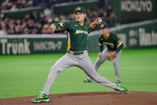 Australia's Josh Hendrickson pitches during the World Baseball Classic (WBC) Pool C first round game between Czechia and Australia at the Tokyo Dome on March 6, 2026. (Photo by Yuichi YAMAZAKI / AFP)