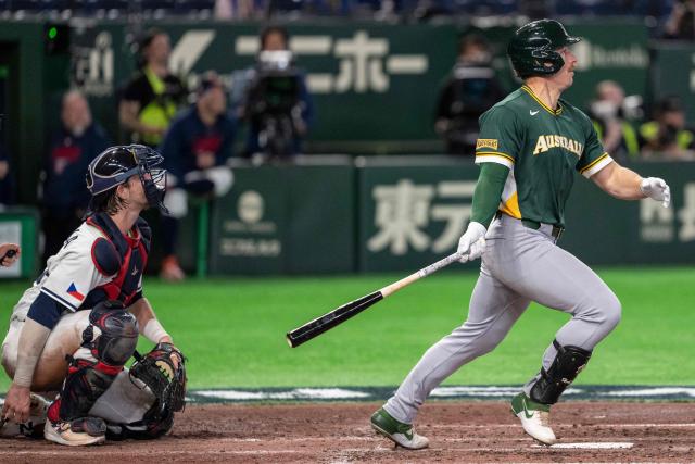 Australia's Alex Hall hits a double during the World Baseball Classic (WBC) Pool C first round game between Czech Republic and Australia at the Tokyo Dome in Tokyo on March 6, 2026. (Photo by Yuichi YAMAZAKI / AFP)
