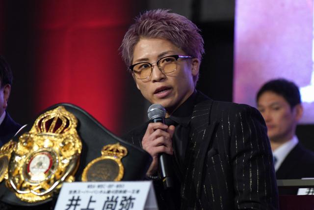 Japanese boxer Naoya Inoue, current unified champion of the WBA, WBC, IBF, and WBO world super bantamweight, speaks during a press conference in Tokyo on March 6, 2026. (Photo by Kazuhiro NOGI / AFP)