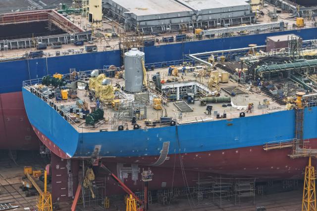 This photo shows a general view of the Jinling Shipyard in Nanjing in China’s eastern Jiangsu province on March 5, 2026. (Photo by CN-STR / AFP) / China OUT