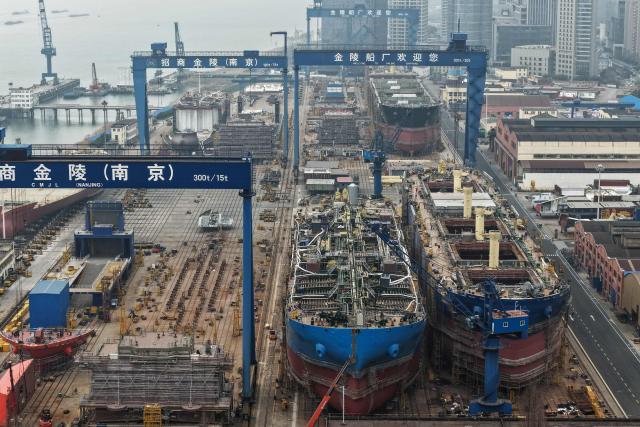 This photo shows a general view of the Jinling Shipyard in Nanjing in China’s eastern Jiangsu province on March 5, 2026. (Photo by CN-STR / AFP) / China OUT