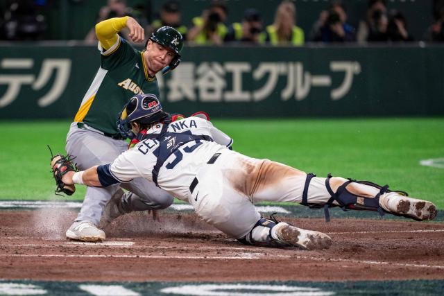 Czech Republic's Martin Ervenka (R) tags out Australia's Robbie Perkins at home plate during the World Baseball Classic (WBC) Pool C first round game between Czech Republic and Australia at the Tokyo Dome in Tokyo on March 6, 2026. (Photo by Yuichi YAMAZAKI / AFP)