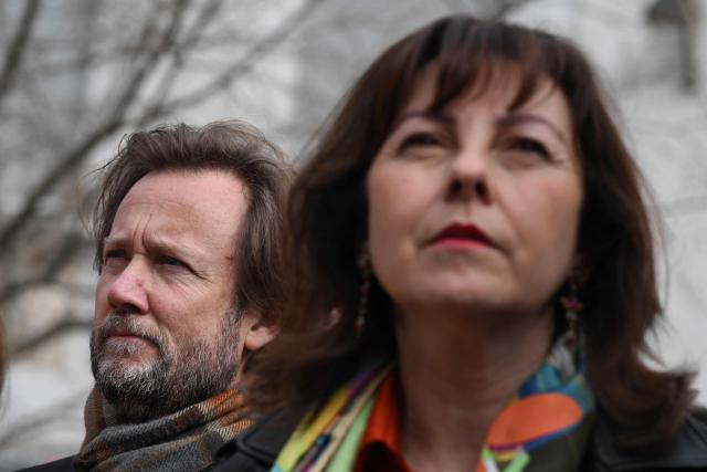 President of Socialistes et Apparentes parliamentary group Boris Vallaud and socialist Head of the Occitanie regional council Carole Delga take part in a demonstration of employees and unions from Fibre Excellence from Fibre Excellence demonstrate as two factories in Saint-Gaudens and Tarascon are threatened with closure in Toulouse, southwestern France on March 6, 2026. (Photo by Ed JONES / AFP)