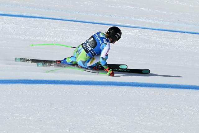 Slovenia's Ilka Stuhec competes in the Women's Downhill race of the FIS Ski World Cup at the La Volata slope in the Passo San Pellegrino ski area, Val di Fassa, Italy on March 6, 2026. The downhill race is a recovery race that was originally scheduled in Crans Montana, Switzerland. (Photo by Andreas SOLARO / AFP)