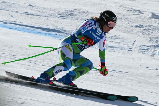 Slovenia's Ilka Stuhec competes in the Women's Downhill race of the FIS Ski World Cup at the La Volata slope in the Passo San Pellegrino ski area, Val di Fassa, Italy on March 6, 2026. The downhill race is a recovery race that was originally scheduled in Crans Montana, Switzerland. (Photo by Andreas SOLARO / AFP)