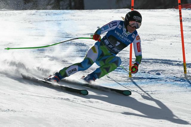 Slovenia's Ilka Stuhec competes in the Women's Downhill race of the FIS Ski World Cup at the La Volata slope in the Passo San Pellegrino ski area, Val di Fassa, Italy on March 6, 2026. The downhill race is a recovery race that was originally scheduled in Crans Montana, Switzerland. (Photo by Andreas SOLARO / AFP)