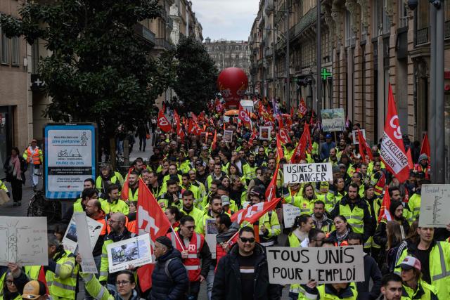 Employees and unions from Fibre Excellence demonstrate as two factories in Saint-Gaudens and Tarascon are threatened with closure in Toulouse, southwestern France on March 6, 2026. (Photo by Ed JONES / AFP)