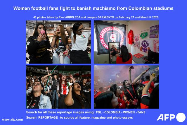 AFP presents a reportage by photographers Raul Arboleda and Joaquin Sarmiento of 48 photos of women football fans fighting to banish machismo from Colombian stadiums in Manizales and Cali on February 27 and March 5, 2026. With a drum, a female fan sets the pace for the chants of a feminist fan club at the stadium in the Colombian city of Manizales. "One, two, three!" she says like an orchestra conductor surrounded exclusively by women tired of machismo in football, as is the case in other countries such as Brazil. Search for all these reportage images using: FBL - COLOMBIA - WOMEN - FANS
Search ‘REPORTAGE ’ to source all feature, magazine and photo essays (Photo by JOAQUIN SARMIENTO and Raul ARBOLEDA / AFP)