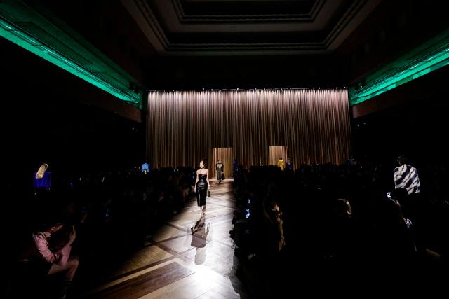 A model presents a creation for Mugler for the Women's Ready to Wear Fall/Winter 2026-2027 collection fashion show as part of the Paris Women Fashion Week, in Paris, on March 6, 2026. (Photo by STEPHANE DE SAKUTIN / AFP)