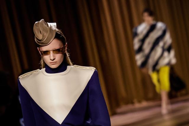 A model presents a creation for Mugler for the Women's Ready to Wear Fall/Winter 2026-2027 collection fashion show as part of the Paris Women Fashion Week, in Paris, on March 6, 2026. (Photo by STEPHANE DE SAKUTIN / AFP)