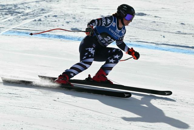 USA's Haley Cutler competes in the Women's Downhill race of the FIS Ski World Cup at the La Volata slope in the Passo San Pellegrino ski area, Val di Fassa, Italy on March 6, 2026. The downhill race is a recovery race that was originally scheduled in Crans Montana, Switzerland. (Photo by Andreas SOLARO / AFP)