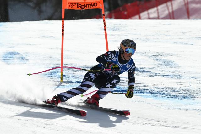 USA's Isabella Wright competes in the Women's Downhill race of the FIS Ski World Cup at the La Volata slope in the Passo San Pellegrino ski area, Val di Fassa, Italy on March 6, 2026. The downhill race is a recovery race that was originally scheduled in Crans Montana, Switzerland. (Photo by Andreas SOLARO / AFP)