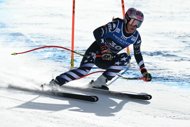 USA's Keely Cashman competes in the Women's Downhill race of the FIS Ski World Cup at the La Volata slope in the Passo San Pellegrino ski area, Val di Fassa, Italy on March 6, 2026. The downhill race is a recovery race that was originally scheduled in Crans Montana, Switzerland. (Photo by Andreas SOLARO / AFP)