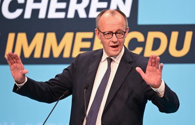 German Chancellor and leader of Germany's Christian Democratic Union (CDU) Friedrich Merz adresses the audience during an election campaign event in Stockach, southern Germany, on March 6, 2026. Voters will go to the polls in the prosperous southwestern state of Baden-Wuerttemberg on March 8, 2026. (Photo by THOMAS KIENZLE / AFP)