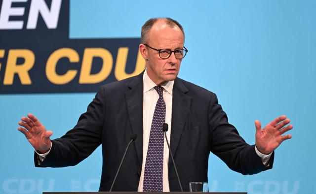German Chancellor and leader of Germany's Christian Democratic Union (CDU) Friedrich Merz adresses the audience during an election campaign event in Stockach, southern Germany, on March 6, 2026. Voters will go to the polls in the prosperous southwestern state of Baden-Wuerttemberg on March 8, 2026. (Photo by THOMAS KIENZLE / AFP)